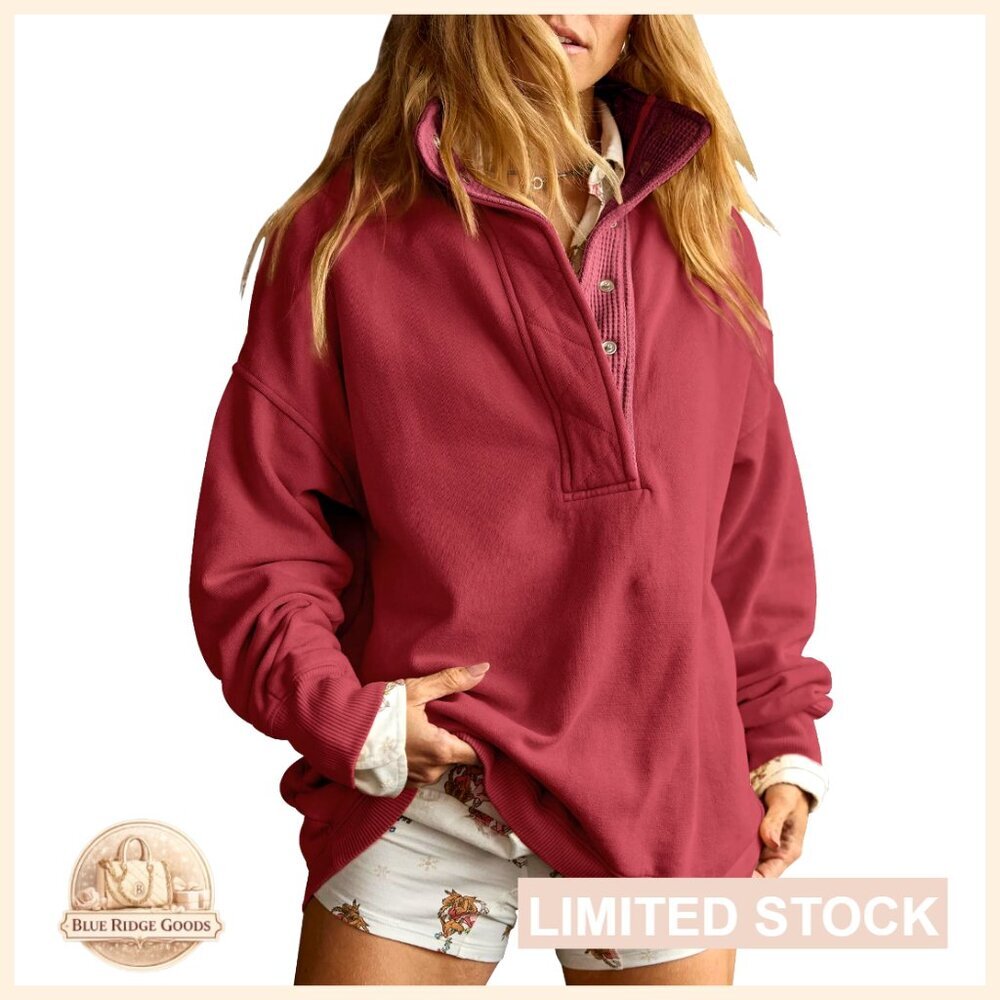 Oversized Button Front Sweatshirt Y2K Casual Pullover Long Sleeve Chic